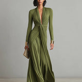 Olive Green Silk Maxi Dress with V-Neck