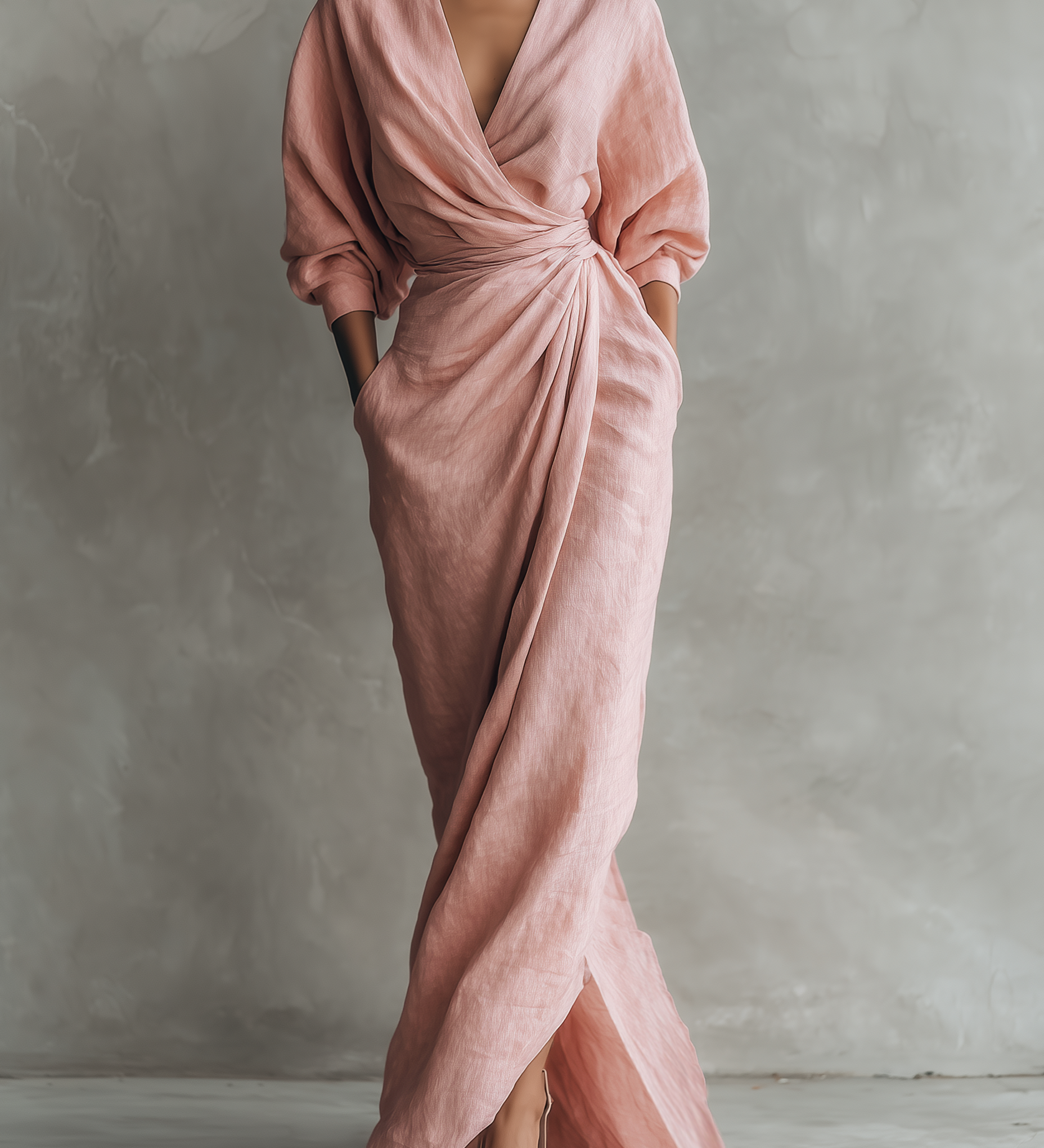 Pink Linen Maxi Dress with V-Neck