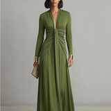 Olive Green Silk Maxi Dress with V-Neck