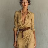 Maxi dress with a lapel collar and long sleeves