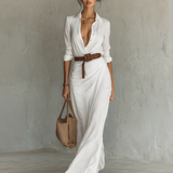 Maxi dress with a lapel collar and long sleeves