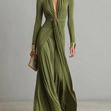 Olive Green Silk Maxi Dress with V-Neck