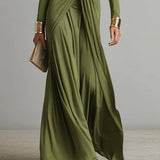 Olive Green Silk Maxi Dress with V-Neck
