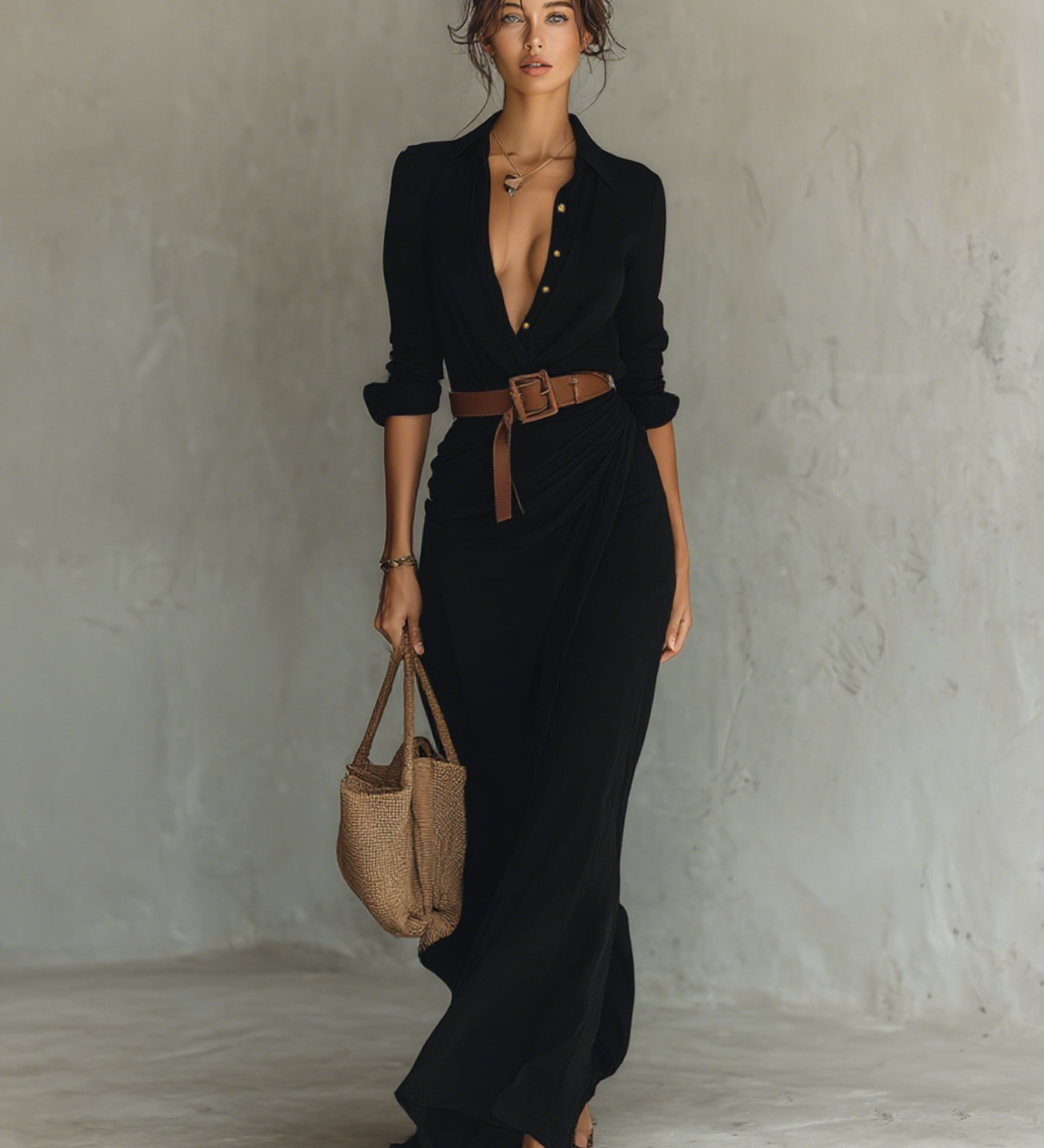 Maxi dress with a lapel collar and long sleeves