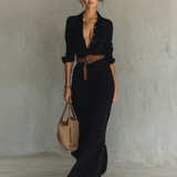 Maxi dress with a lapel collar and long sleeves