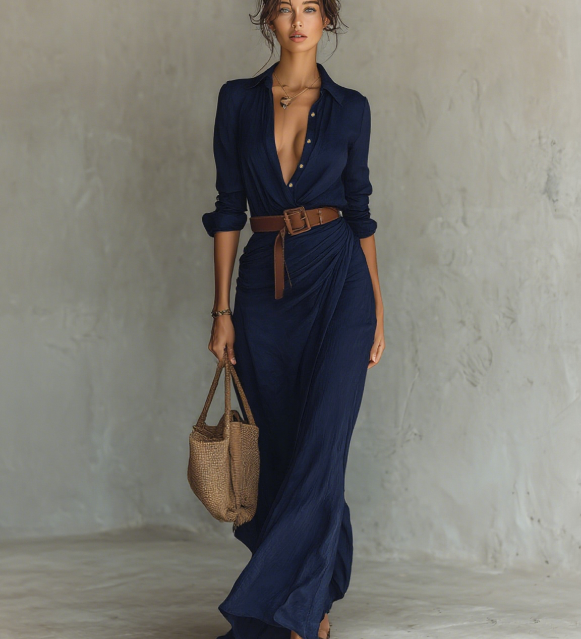 Maxi dress with a lapel collar and long sleeves