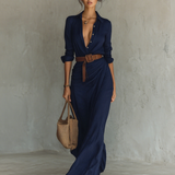 Maxi dress with a lapel collar and long sleeves