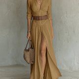 Linen Maxi Dress with a Lapel Collar and Long Sleeves