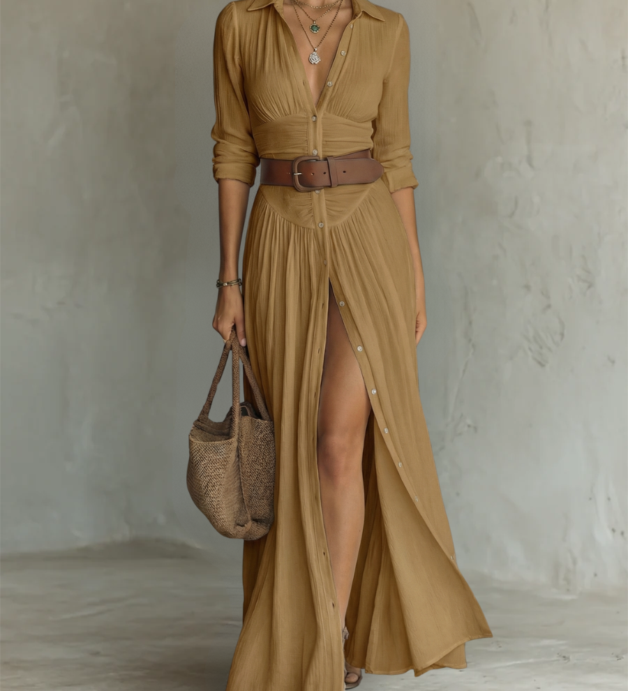 Linen Maxi Dress with a Lapel Collar and Long Sleeves