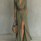 Linen Maxi Dress with a Lapel Collar and Long Sleeves