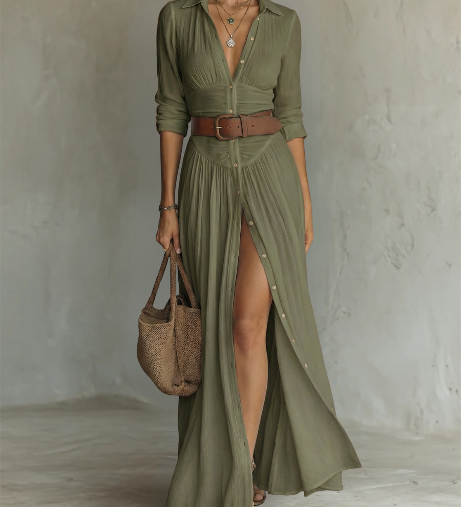 Linen Maxi Dress with a Lapel Collar and Long Sleeves