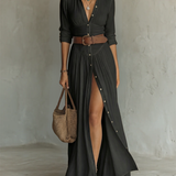 Linen Maxi Dress with a Lapel Collar and Long Sleeves