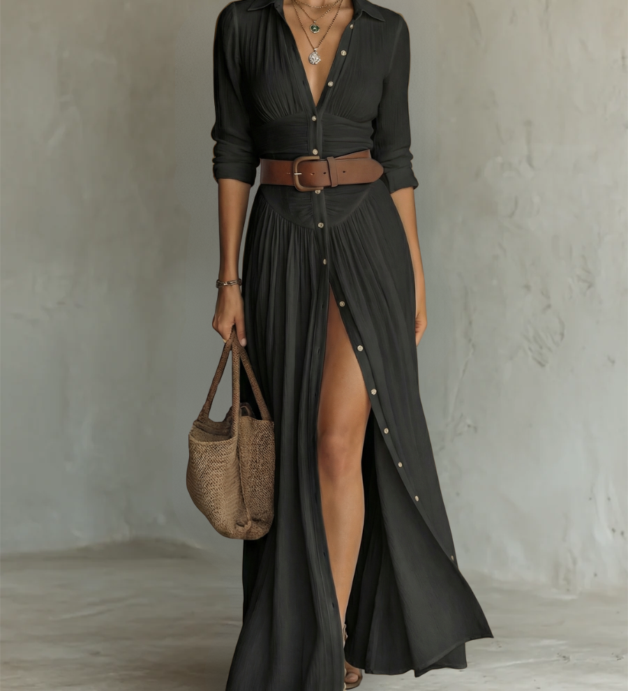 Linen Maxi Dress with a Lapel Collar and Long Sleeves