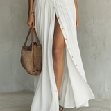 Linen Maxi Dress with a Lapel Collar and Long Sleeves