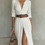 White Linen Maxi Dress with Pleats
