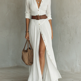 Linen Maxi Dress with a Lapel Collar and Long Sleeves