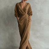 Pink Linen Maxi Dress with V-Neck