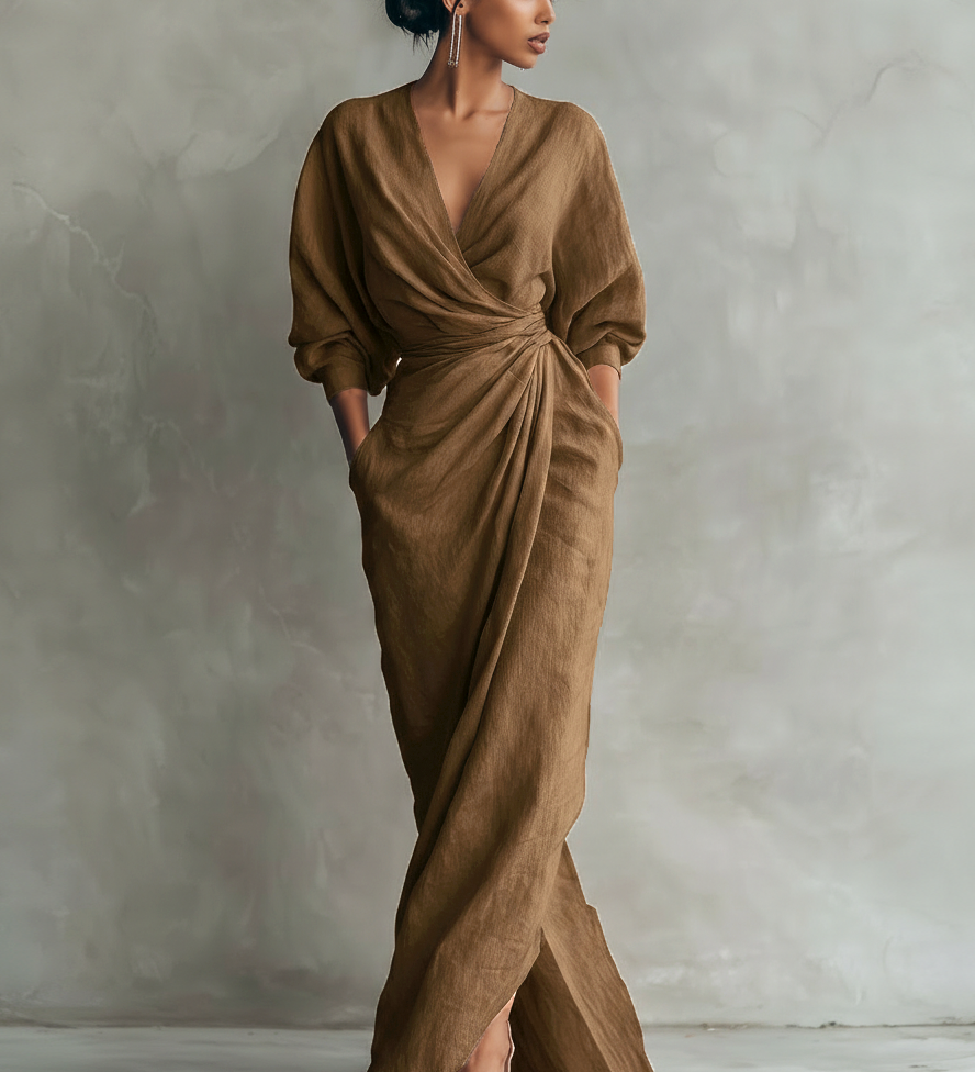 Pink Linen Maxi Dress with V-Neck