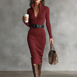 Slim-Fit Knit Midi Dress with V-Neck