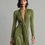 Olive Green Silk Maxi Dress with V-Neck