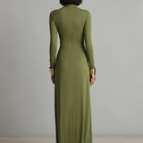 Olive Green Silk Maxi Dress with V-Neck