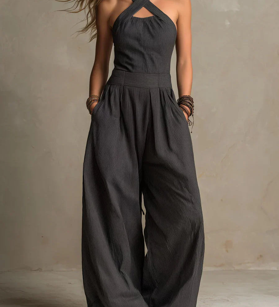 Bianca - Linen and cotton jumpsuit with an elegant criss-cross neckline