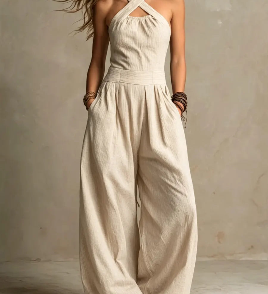Bianca - Linen and cotton jumpsuit with an elegant criss-cross neckline
